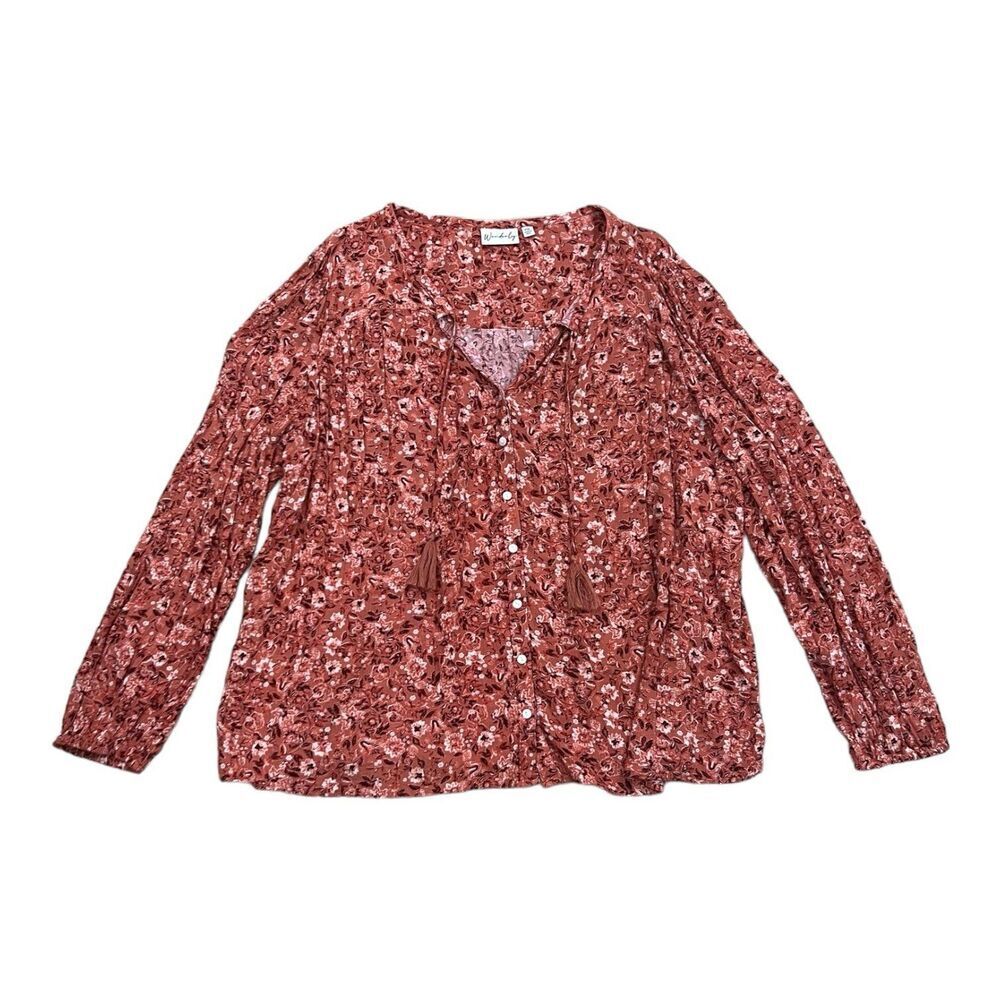 Wonderly Rust Orange Floral Rayon Prairie Tassel Blouse XXL